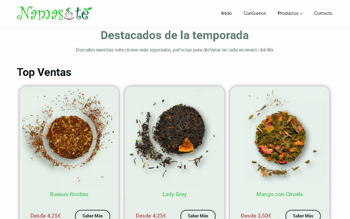Productos destacados de NamasTé Lua con sus precios